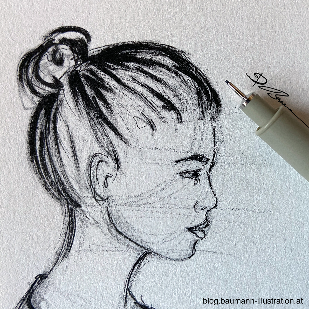 how to draw a female side face with ink and pencils