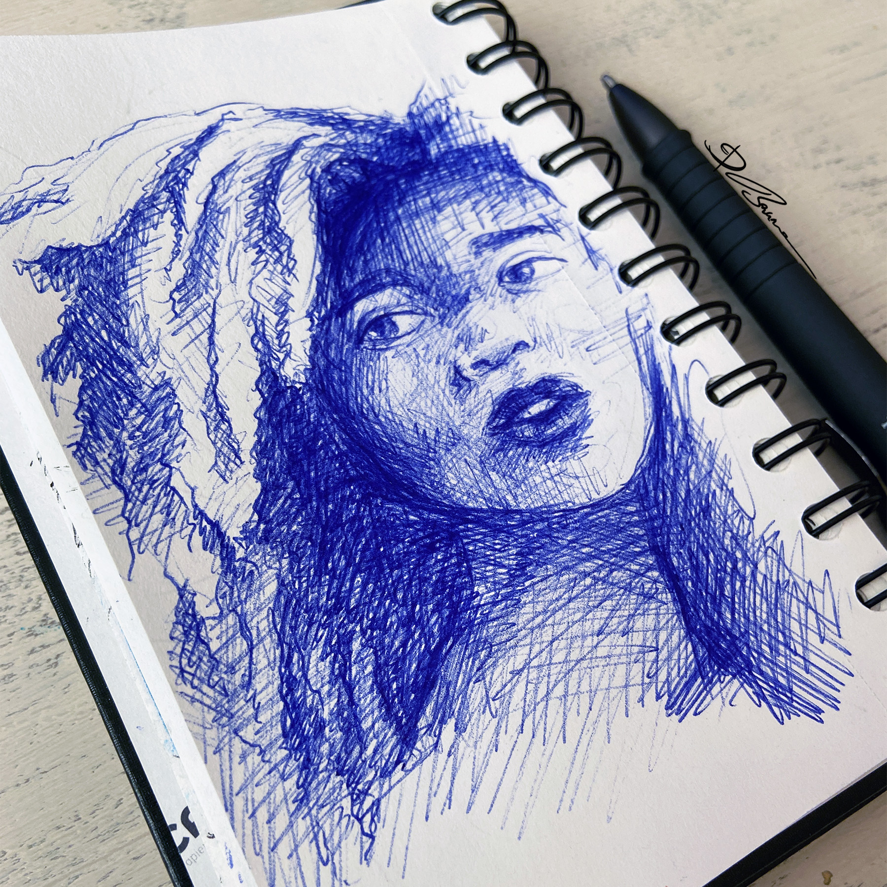 how to draw curly hair with a ball-point pen